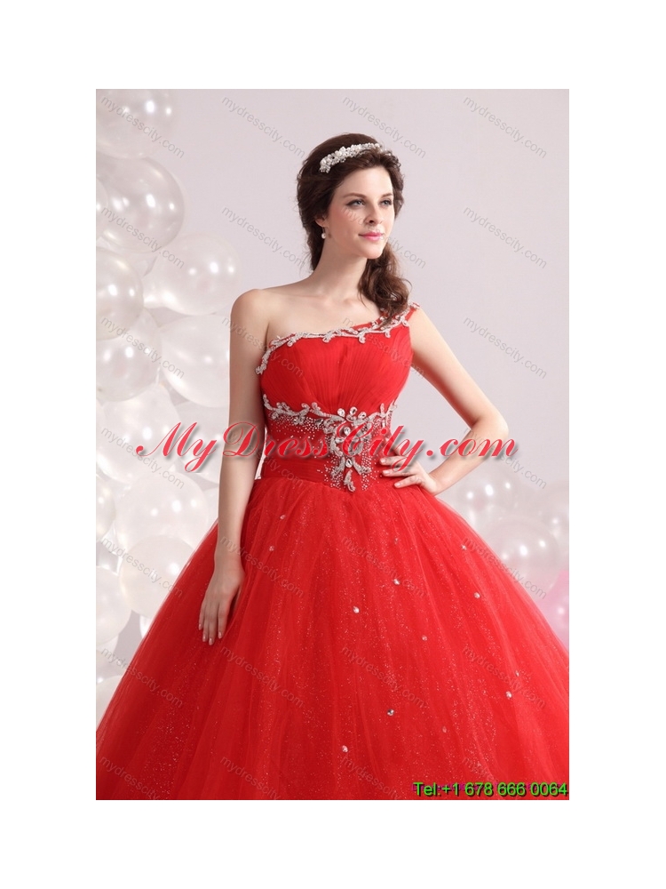 2015 Latest Red One Shoulder Sweet 15 Dresses with Rhinestones