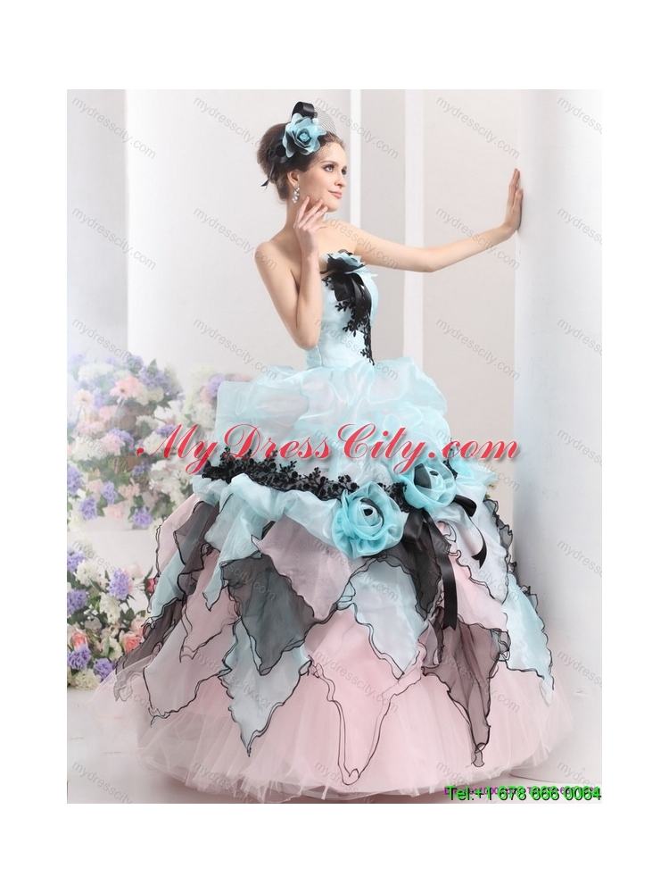 Latest Ruffles Multi Color 2015 Quinceanera Dresses with Hand Made Flowers