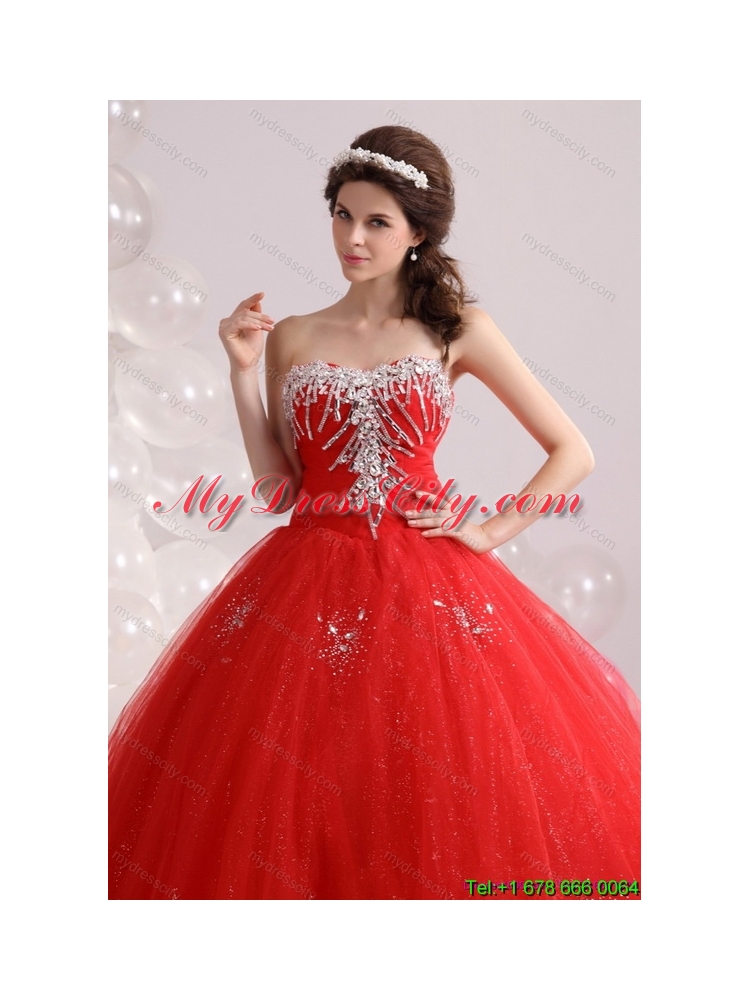 2015 Latest Sweetheart Red Sweet Sixteen Dresses with Rhinestones