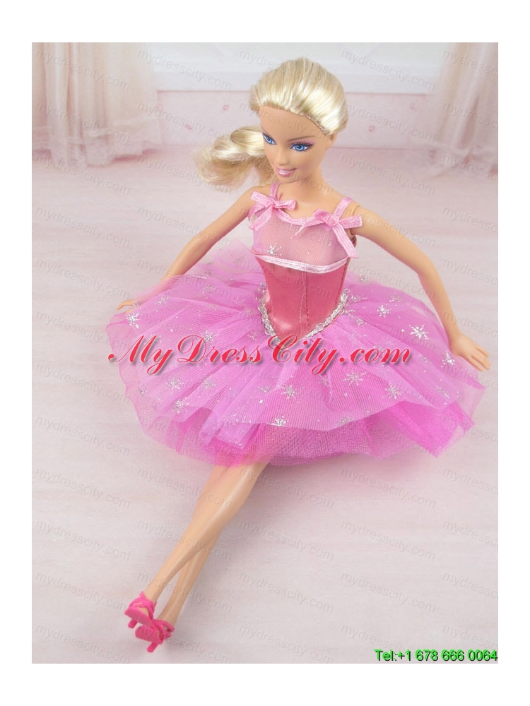 Cute Rose Pink Straps Beaded Decorate Party Dress For Barbie Doll