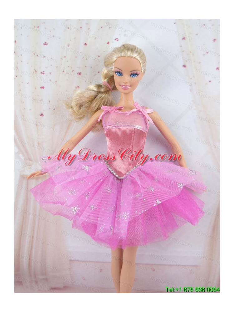 Cute Rose Pink Straps Beaded Decorate Party Dress For Barbie Doll