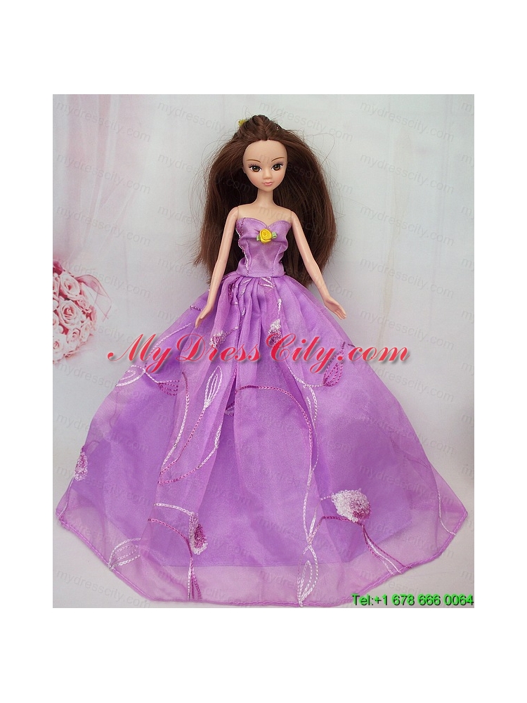 Hand Made Flower Embroidery Lavender Princess Party Clothes Gown For Barbie Doll Dress