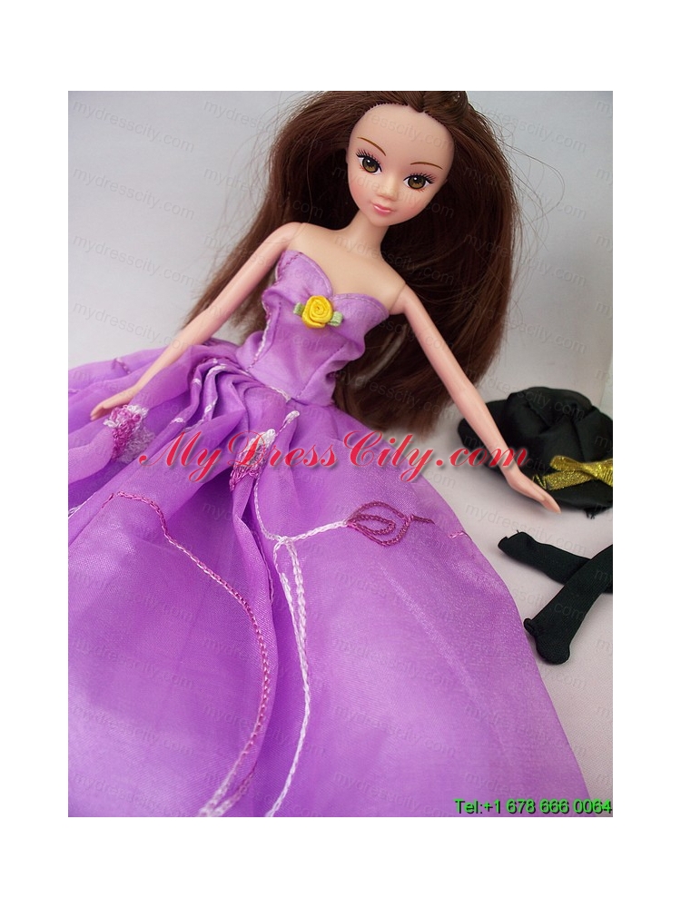 Hand Made Flower Embroidery Lavender Princess Party Clothes Gown For Barbie Doll Dress