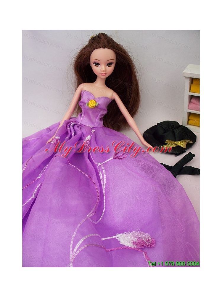 Hand Made Flower Embroidery Lavender Princess Party Clothes Gown For Barbie Doll Dress