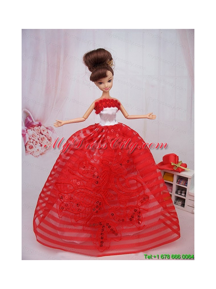 Hand Made Flowers Red Ball Gown Party Clothes Barbie Doll Dress