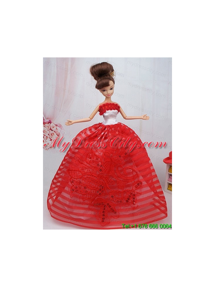 Hand Made Flowers Red Ball Gown Party Clothes Barbie Doll Dress