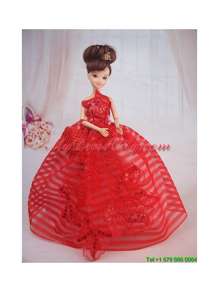 Hand Made Flowers Red Ball Gown Party Clothes Barbie Doll Dress