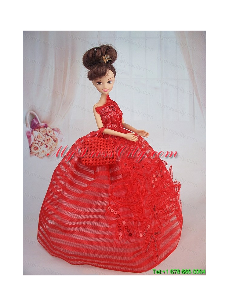 Hand Made Flowers Red Ball Gown Party Clothes Barbie Doll Dress