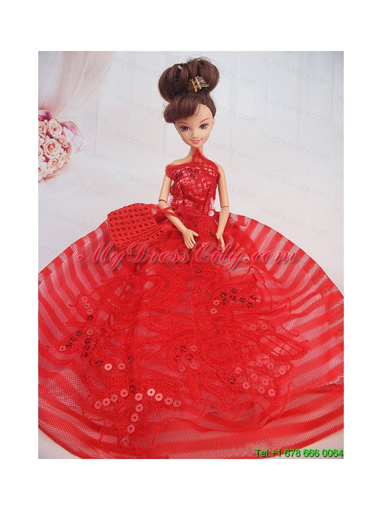 Hand Made Flowers Red Ball Gown Party Clothes Barbie Doll Dress