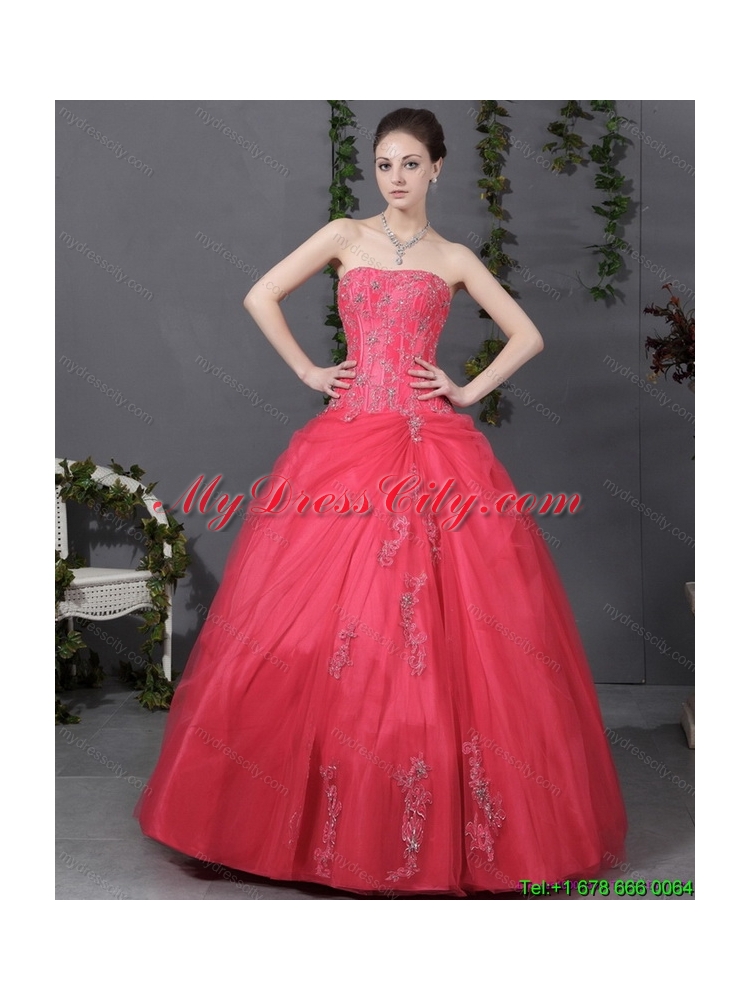 Latest Coral Red Strapless Sweet 16 Dress with Ruching and Appliques