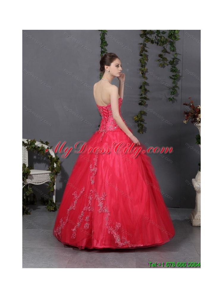 Latest Coral Red Strapless Sweet 16 Dress with Ruching and Appliques