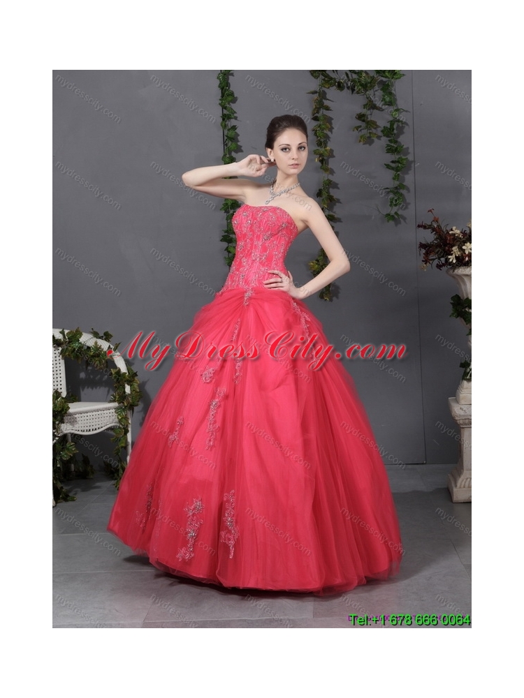 Latest Coral Red Strapless Sweet 16 Dress with Ruching and Appliques