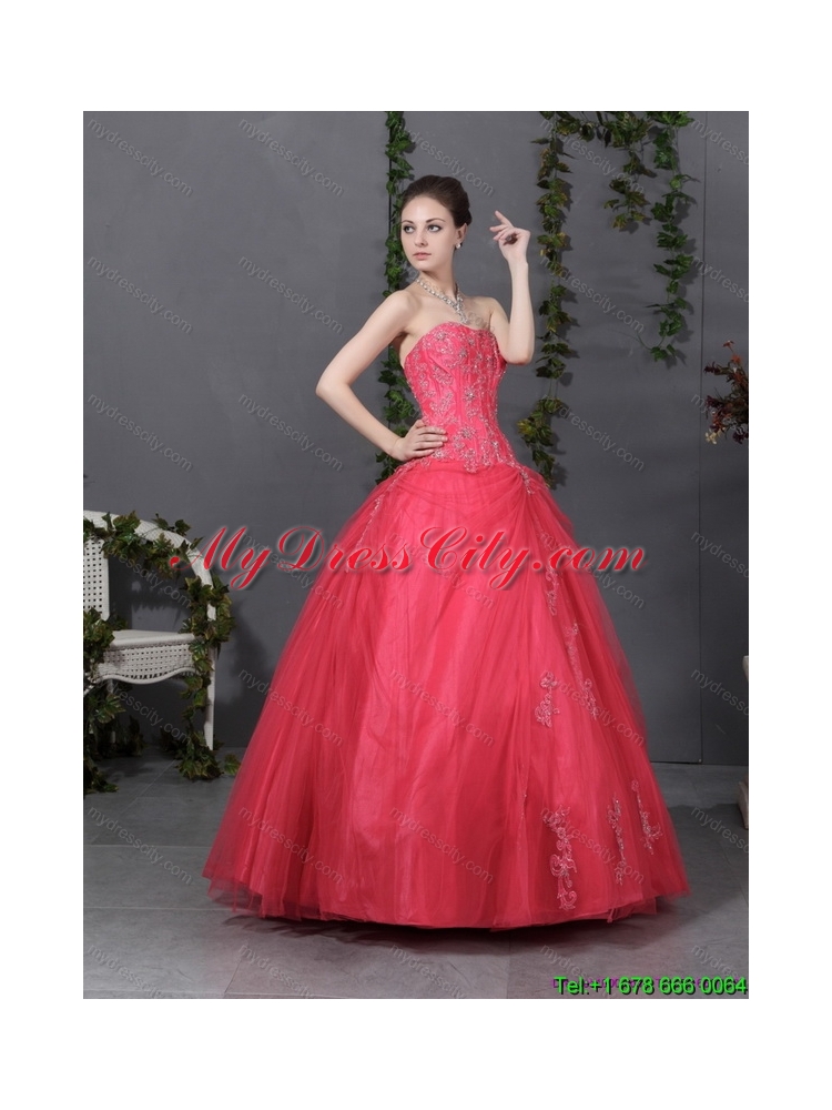 Latest Coral Red Strapless Sweet 16 Dress with Ruching and Appliques