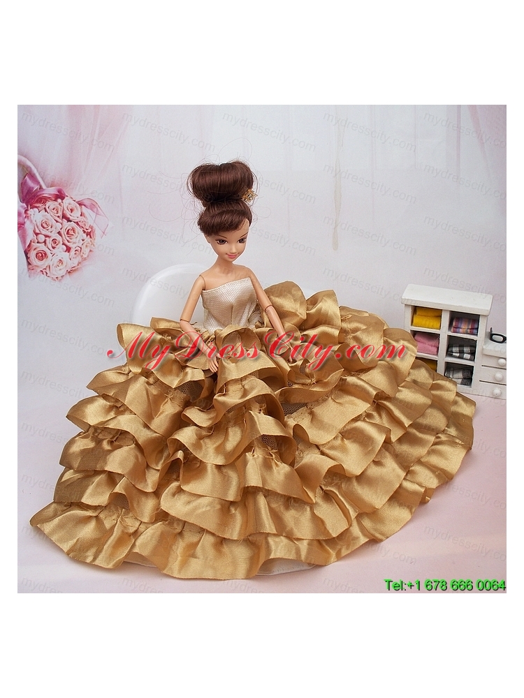 Luxurious Ball Gown Asymmetrical Gold Ruffled Layeres Clothes Party Fashion Dress For Noble Barbie