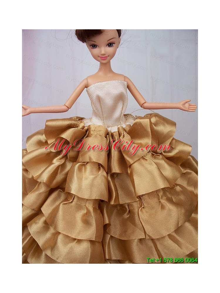 Luxurious Ball Gown Asymmetrical Gold Ruffled Layeres Clothes Party Fashion Dress For Noble Barbie