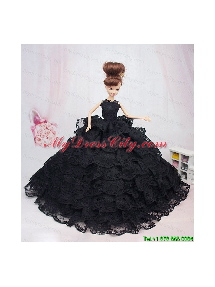 Luxurious Black Lace With Ruffled Layeres Party Dress For Barbie Doll