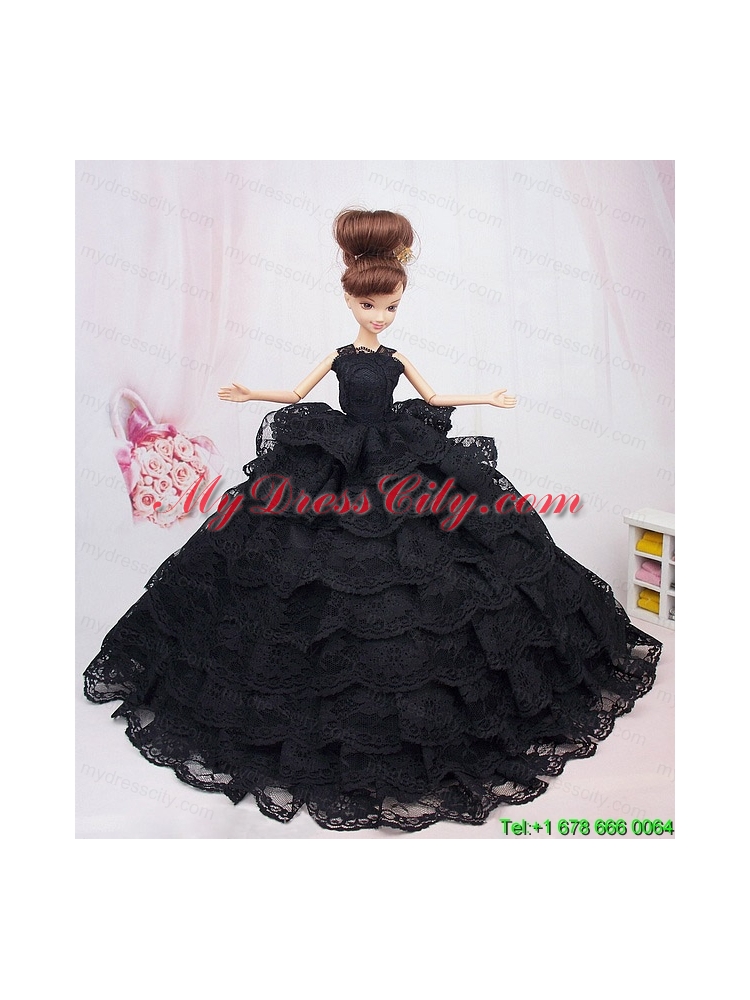 Luxurious Black Lace With Ruffled Layeres Party Dress For Barbie Doll