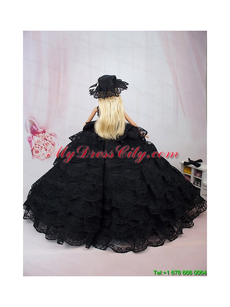 Luxurious Black Lace With Ruffled Layeres Party Dress For Barbie Doll