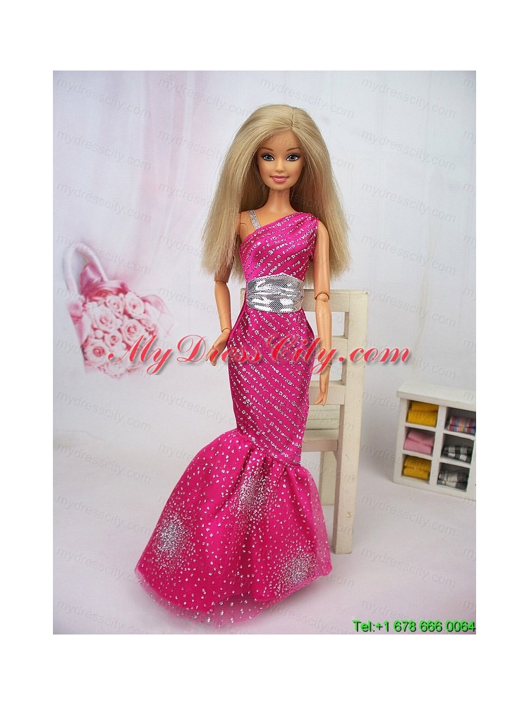 Luxurious Mermaid Asymmetrical Hot Pink Beaded Over Skirt Party Clothes Fashion Dress For Noble Barbie