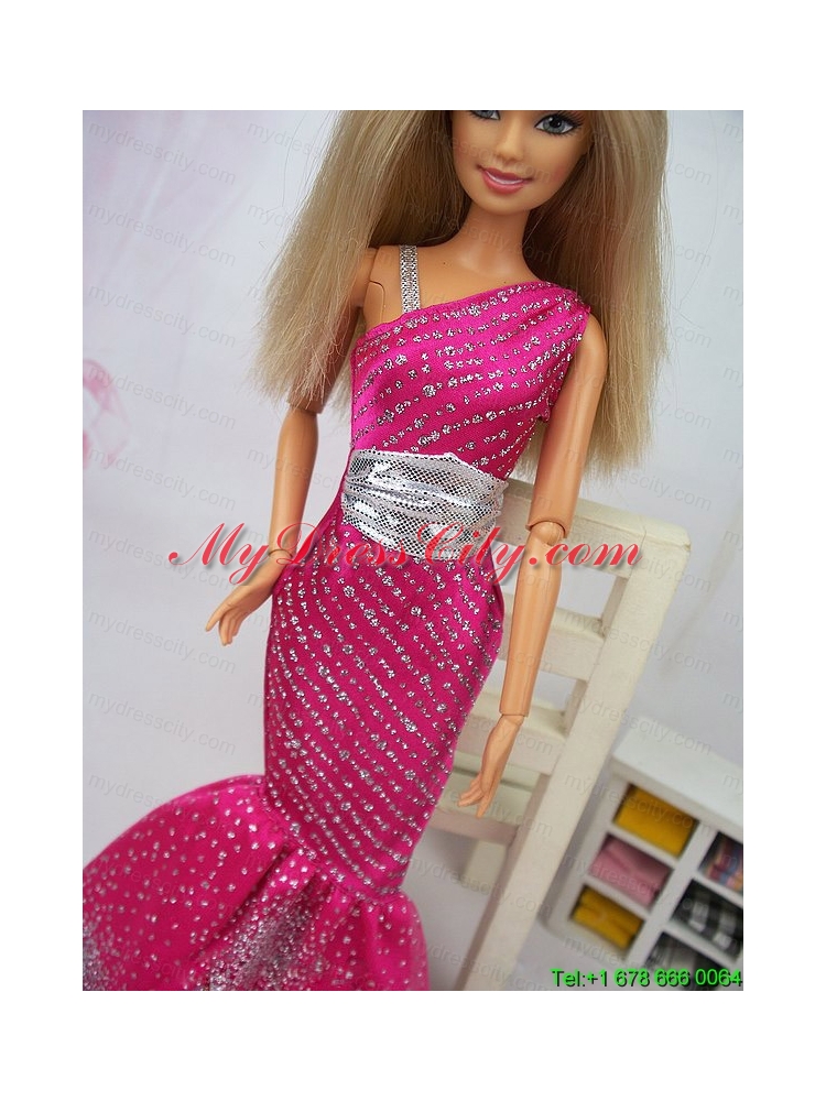 Luxurious Mermaid Asymmetrical Hot Pink Beaded Over Skirt Party Clothes Fashion Dress For Noble Barbie