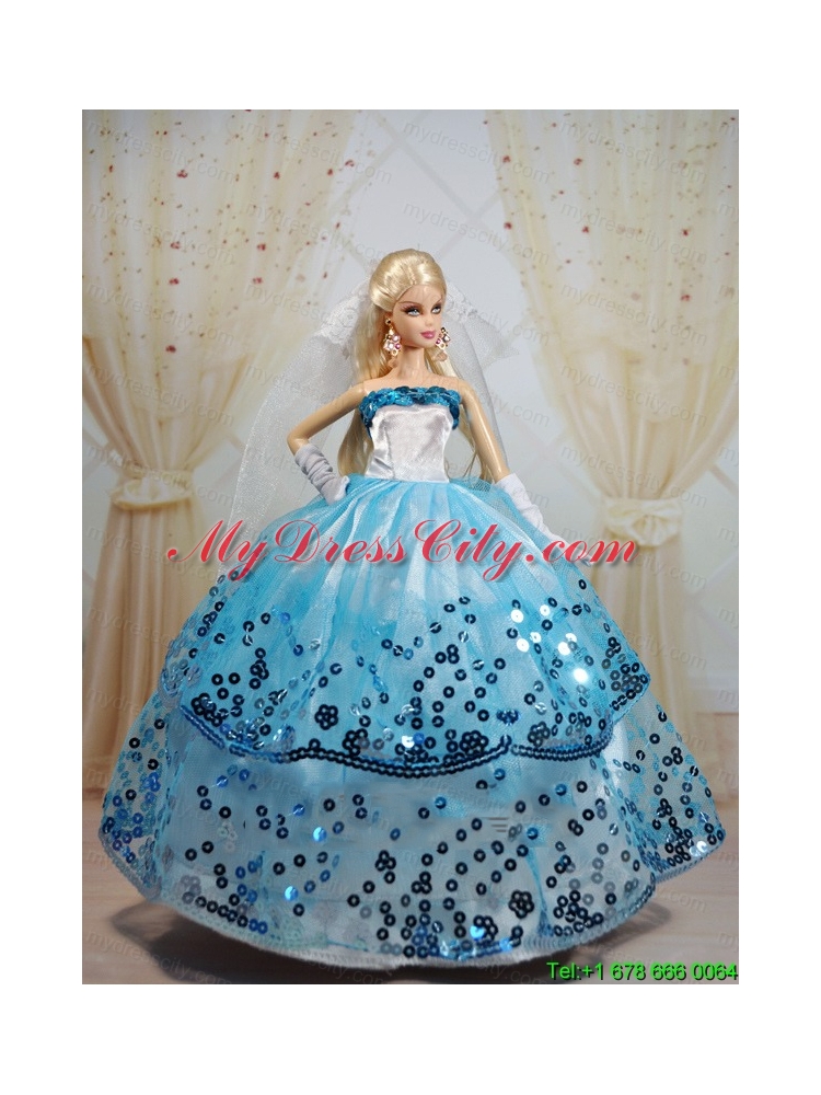 Popular Ball Gown Party Clothes White and Blue Barbie Doll Dress