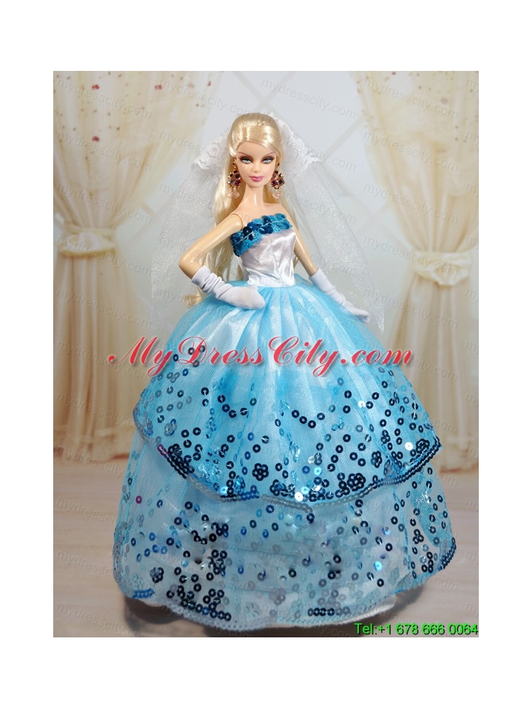 Popular Ball Gown Party Clothes White and Blue Barbie Doll Dress