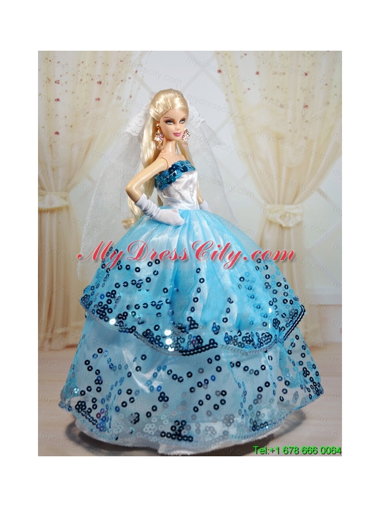 Popular Ball Gown Party Clothes White and Blue Barbie Doll Dress