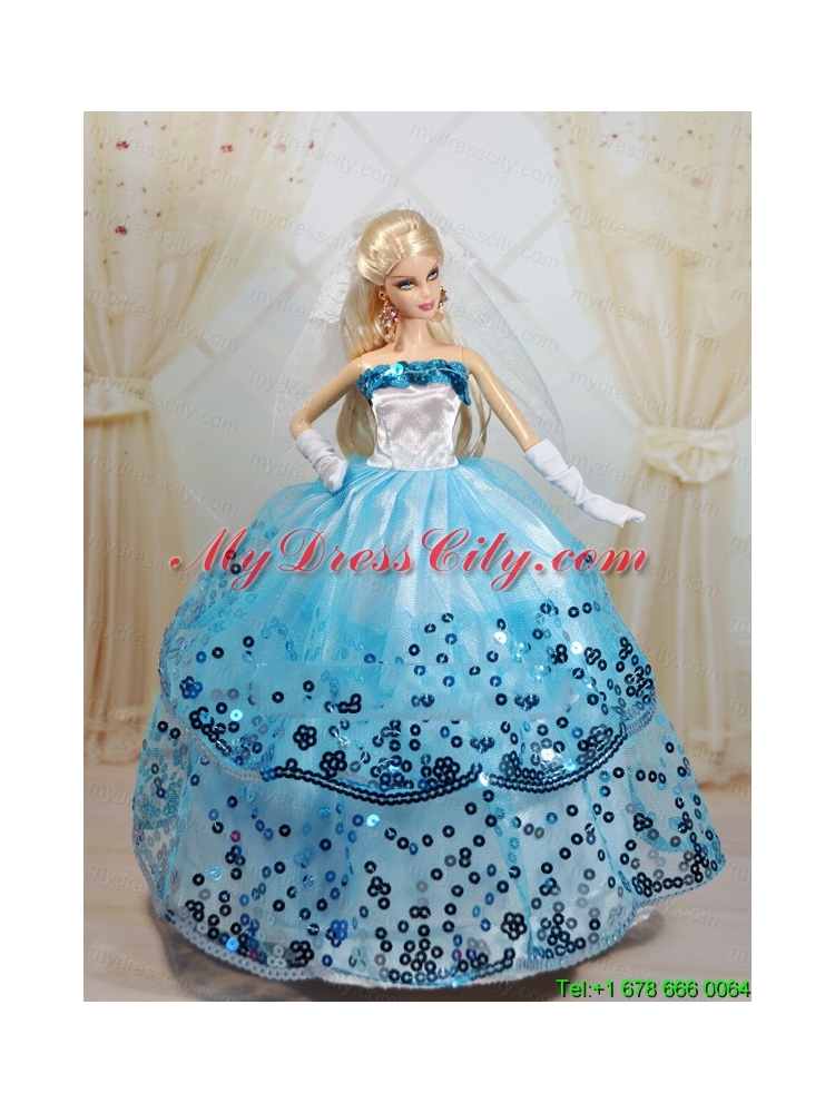 Popular Ball Gown Party Clothes White and Blue Barbie Doll Dress