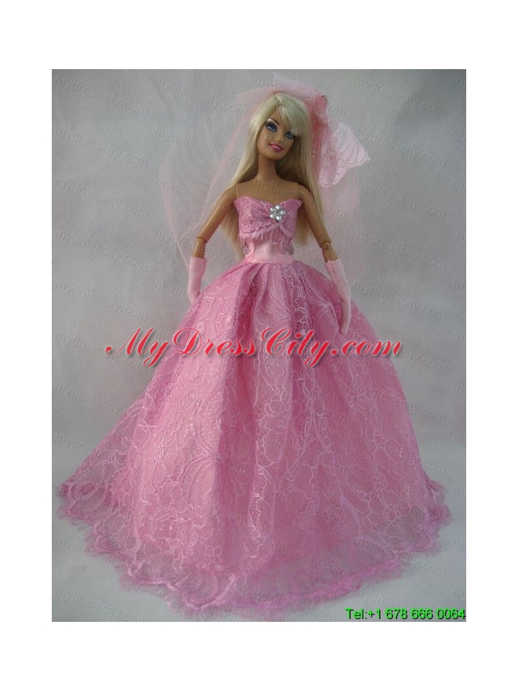 Romantic Rose Pink Strapless Lace Wedding Dress For Barbie Doll