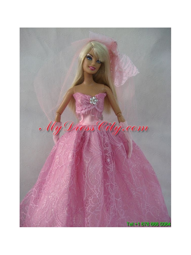 Romantic Rose Pink Strapless Lace Wedding Dress For Barbie Doll