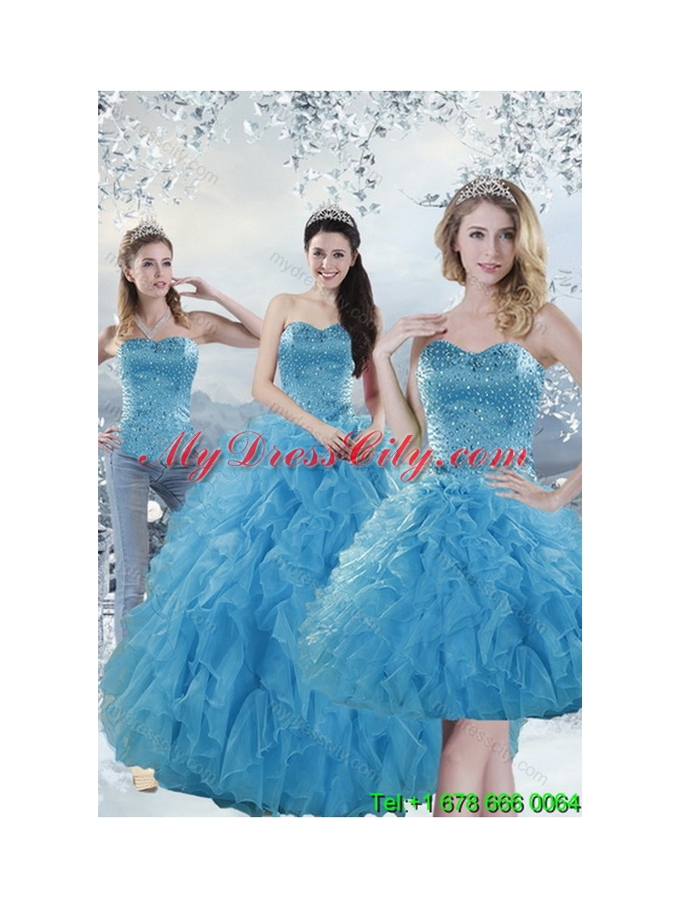 2015 Elegant Baby Blue Quince Dresses with Beading and Ruffles