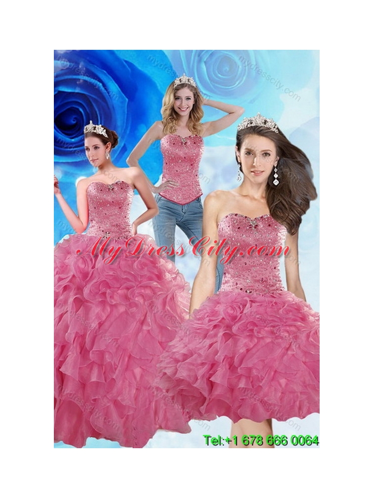 2015 Elegant Coral Red Sweet 16 Dresses with Beading and Ruffles