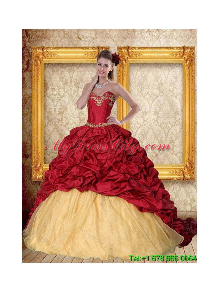 Elegant 2015 Wine Red Brush Train Quinceanera Dress with Sweetheart