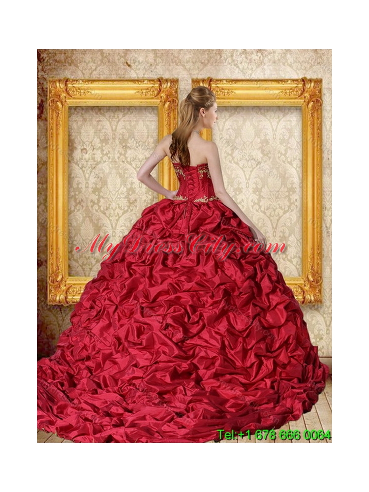 Elegant 2015 Wine Red Brush Train Quinceanera Dress with Sweetheart