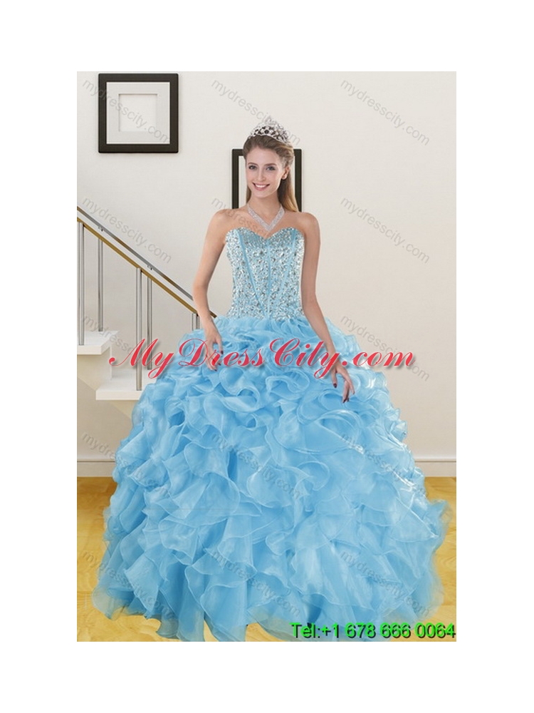 Elegant Baby Blue Quince Dresses with Beading and Ruffles