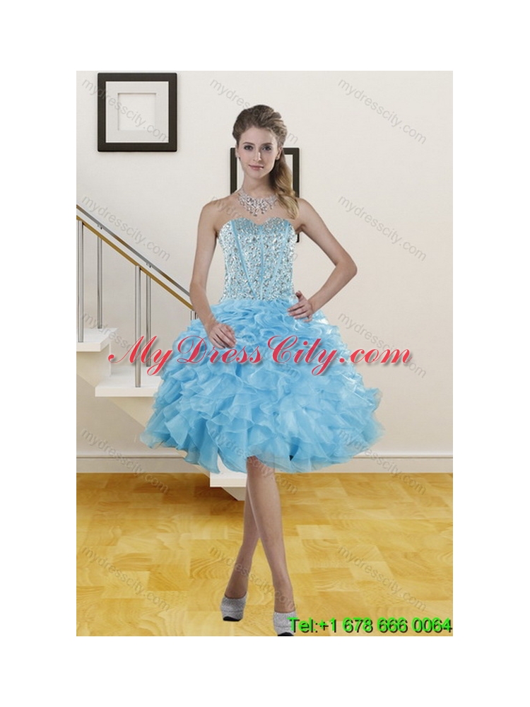 Elegant Baby Blue Quince Dresses with Beading and Ruffles