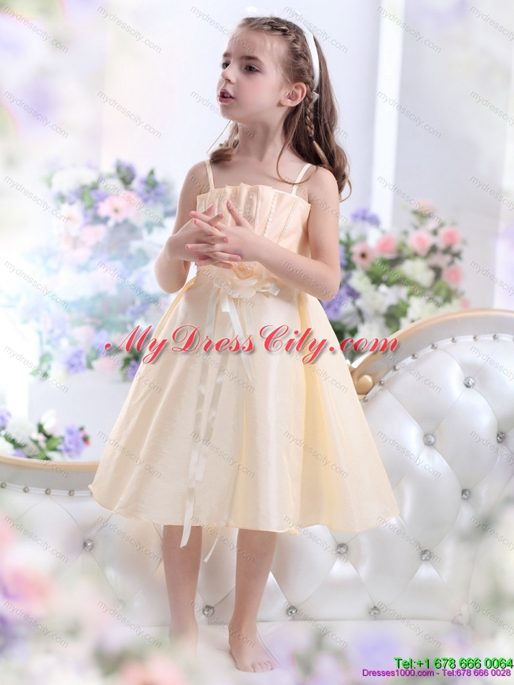 Cheap Champagne Spaghetti Straps Flower Girl Dresses with Waistband and Hand Made Flower