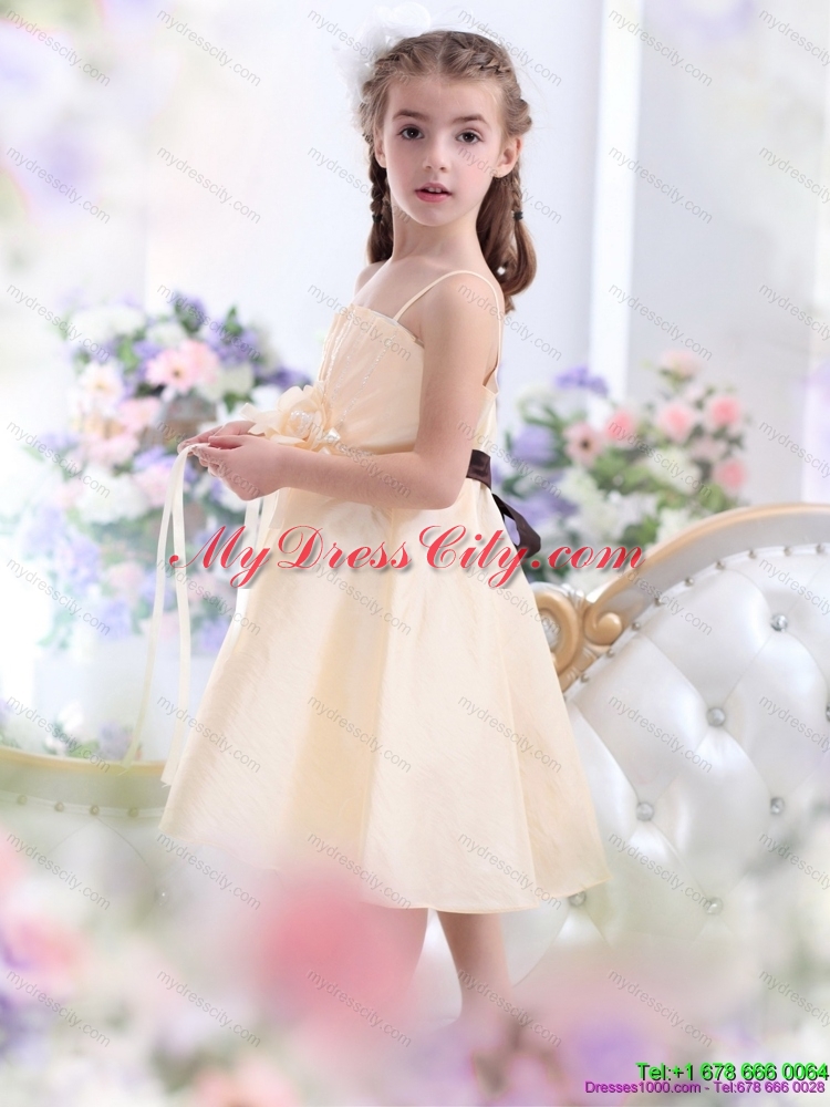 Cheap Champagne Spaghetti Straps Flower Girl Dresses with Waistband and Hand Made Flower