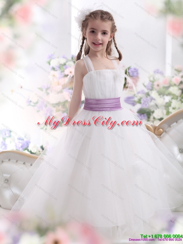 2015 Cheap White Flower Girl Dresses with Lilac Sash