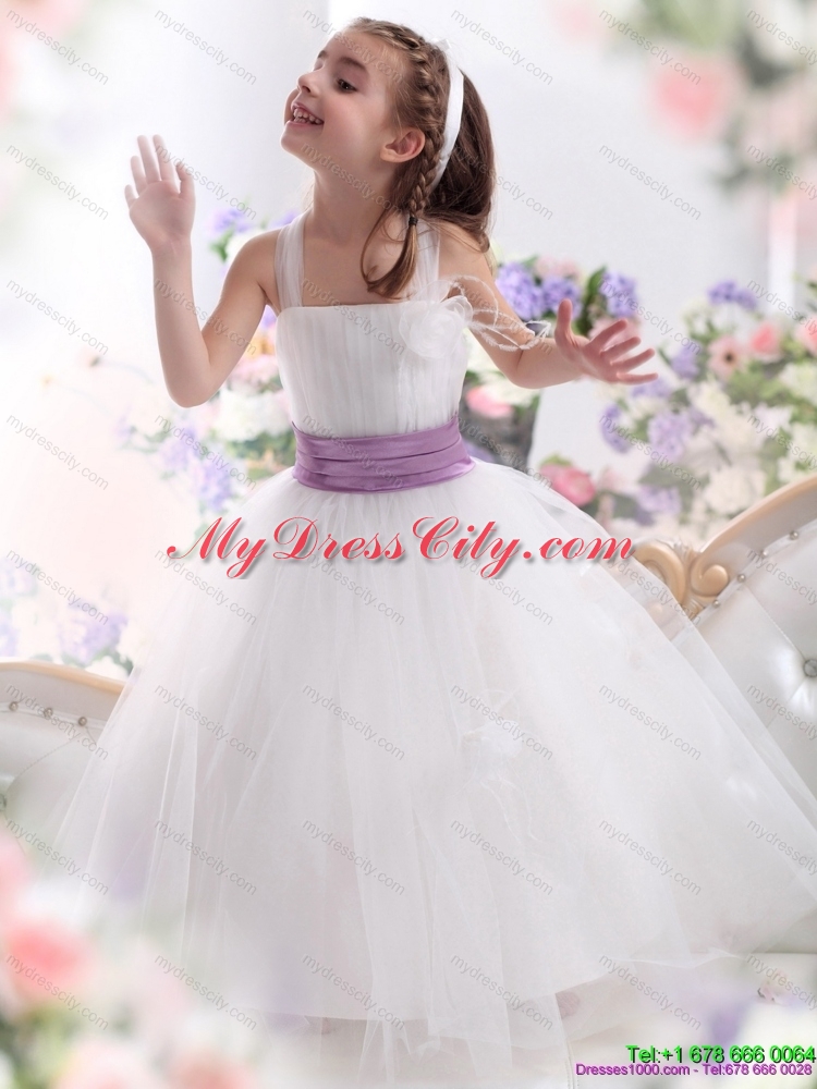 2015 Cheap White Flower Girl Dresses with Lilac Sash