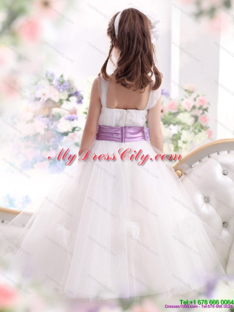 2015 Cheap White Flower Girl Dresses with Lilac Sash