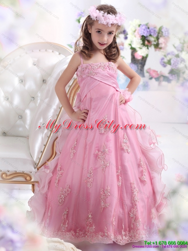 2015 Unique Rose Pink Spaghetti Straps Girls Party Dresses with Appliques