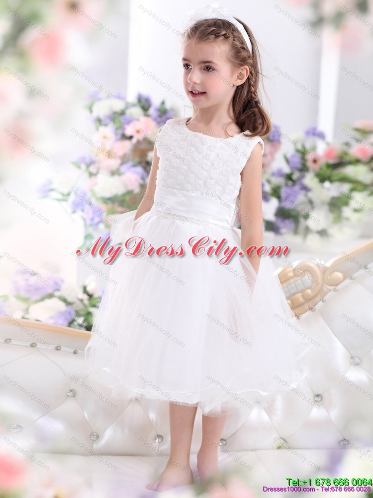 Cheap Scoop Tea Length White 2015 Cheap Flower Girl Dress with Sash