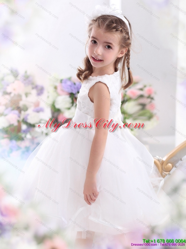 Cheap Scoop Tea Length White 2015 Cheap Flower Girl Dress with Sash