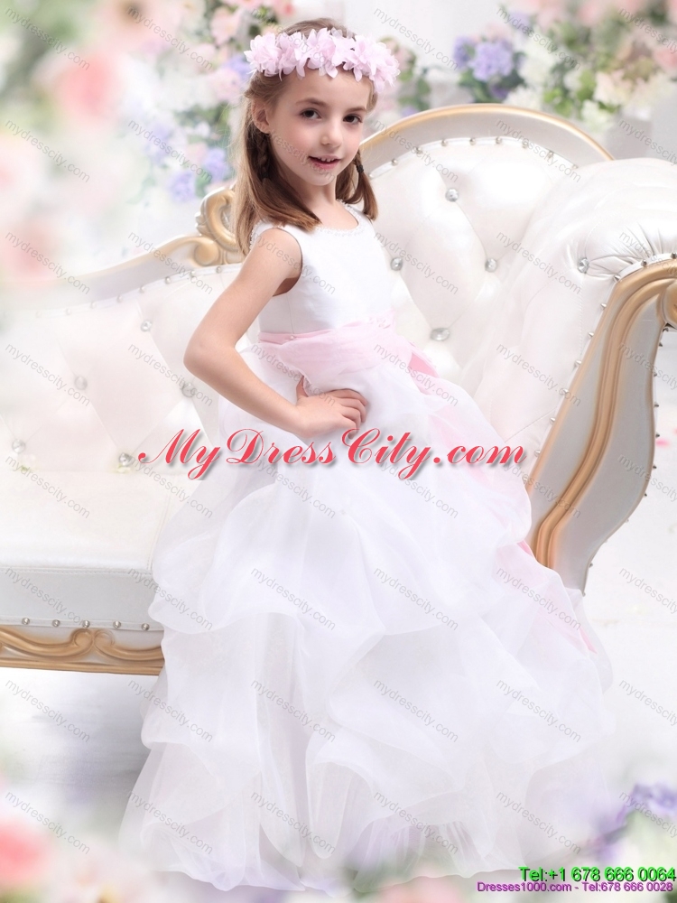 Cheap Scoop White Flower Girl Dress with Sash and Ruffles