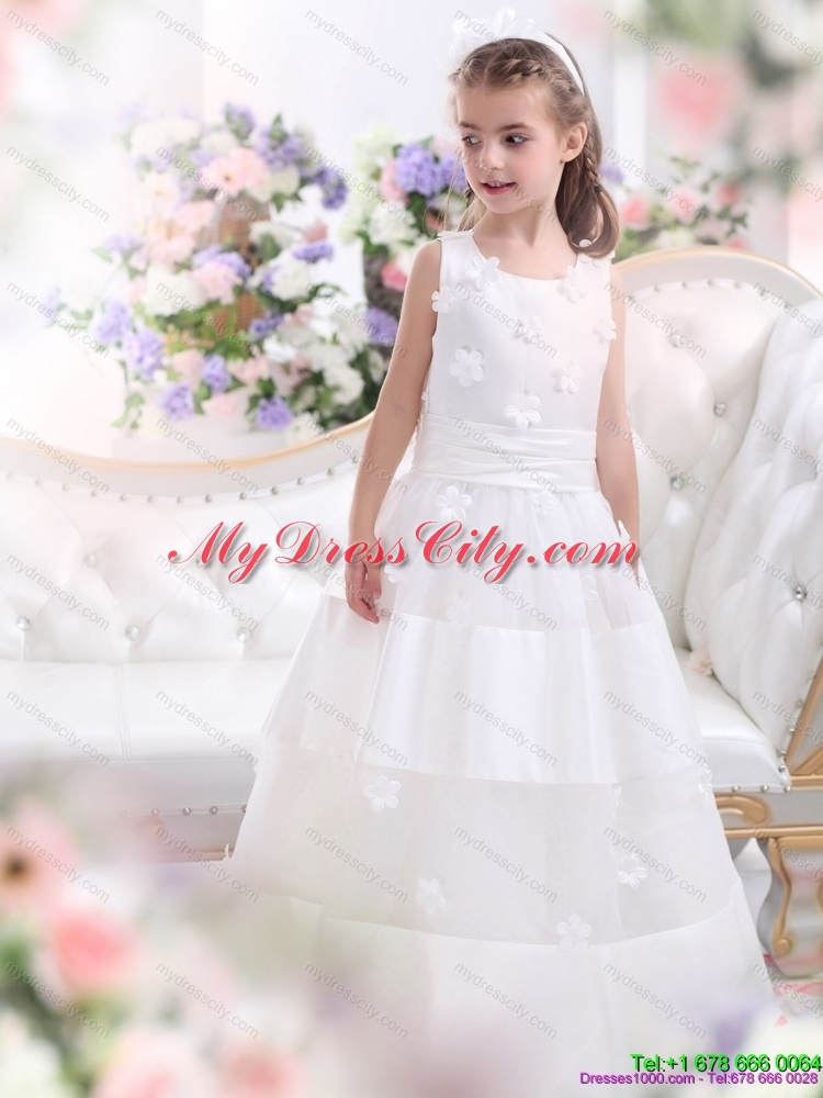 Cheap White Scoop Flower Girl Dress with Appliques