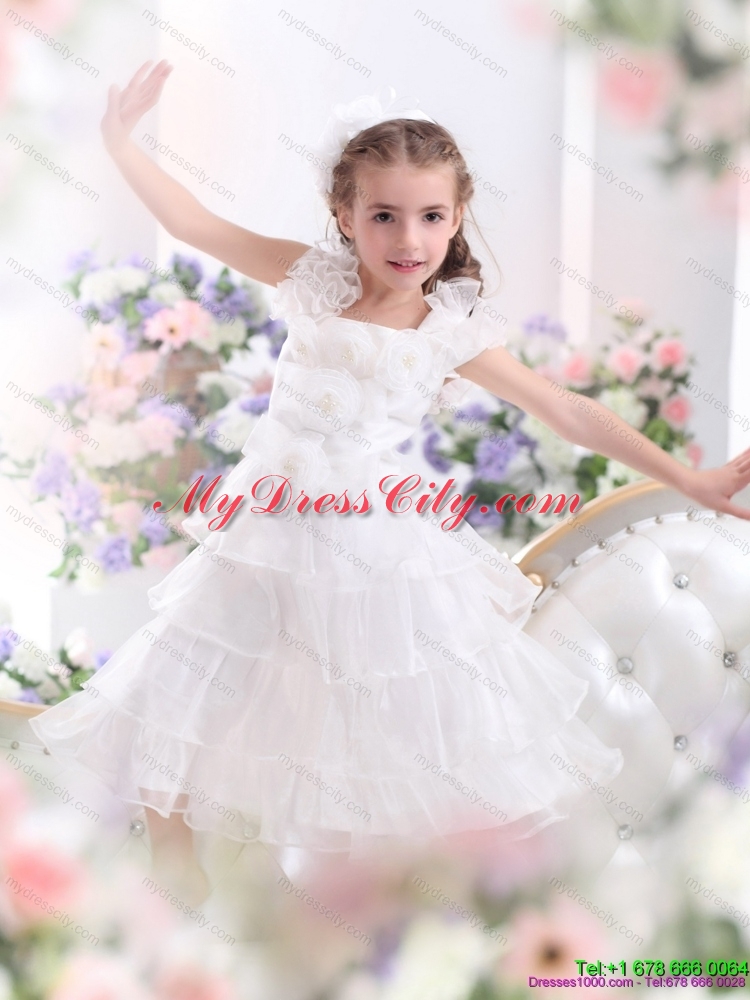 Gorgeous Ruffled Layers White 2015 Girls Party Dress with Hand Made Flower