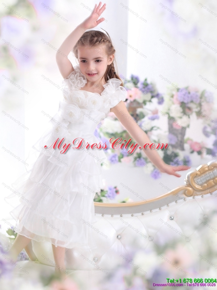 Gorgeous Ruffled Layers White 2015 Girls Party Dress with Hand Made Flower