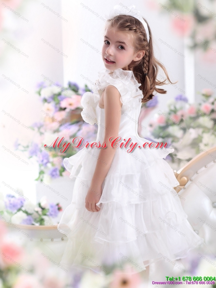 Gorgeous Ruffled Layers White 2015 Girls Party Dress with Hand Made Flower