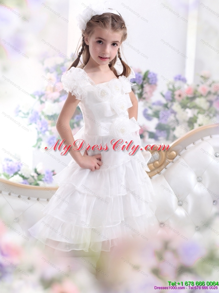 Gorgeous Ruffled Layers White 2015 Girls Party Dress with Hand Made Flower